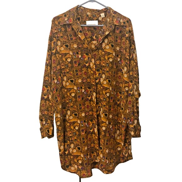 VTG Ellen Tacy Gold SILK Shirt Womens 10 Art Deco Retro Disco Linda Allord Multi - Picture 1 of 10